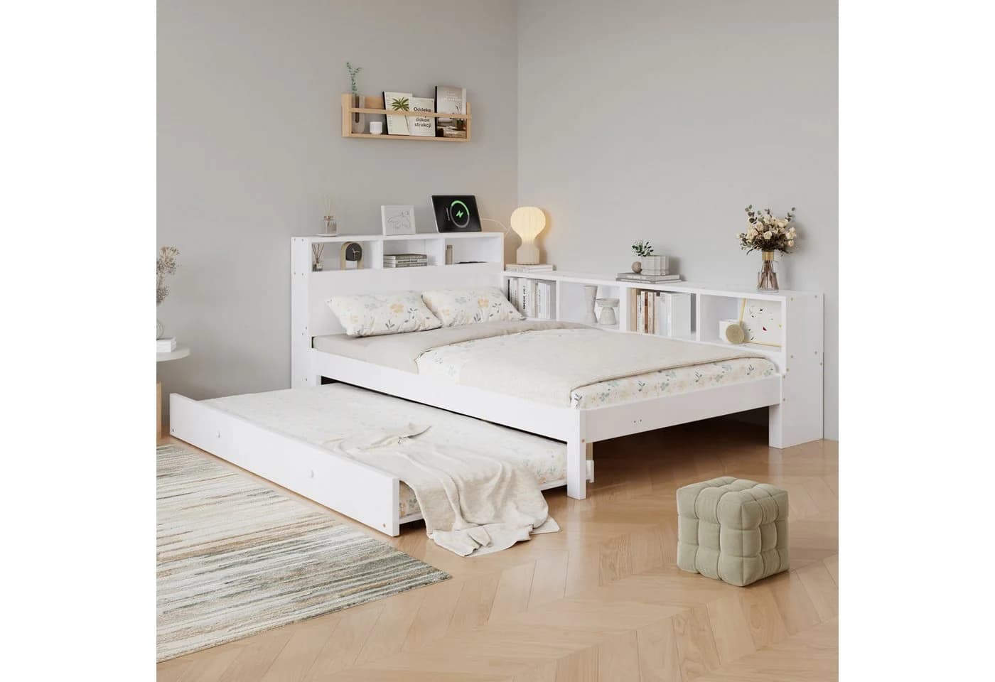 Flieks Massivholzbett Kinderbett 120x200 mit Ausziehbett 90x190 Weiß