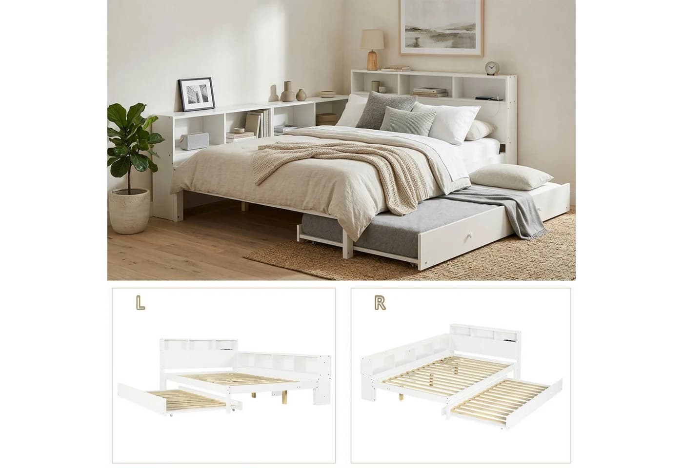 Flieks Massivholzbett Kinderbett 120x200 mit Ausziehbett 90x190 Weiß - Bild 4
