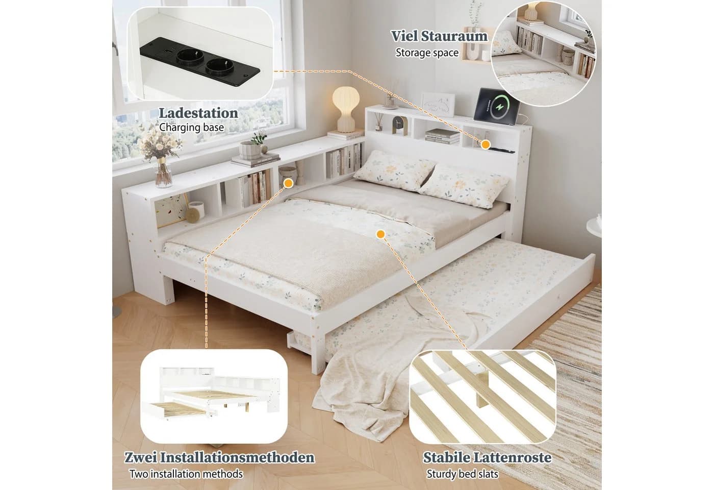 Flieks Massivholzbett Kinderbett 120x200 mit Ausziehbett 90x190 Weiß - Bild 5