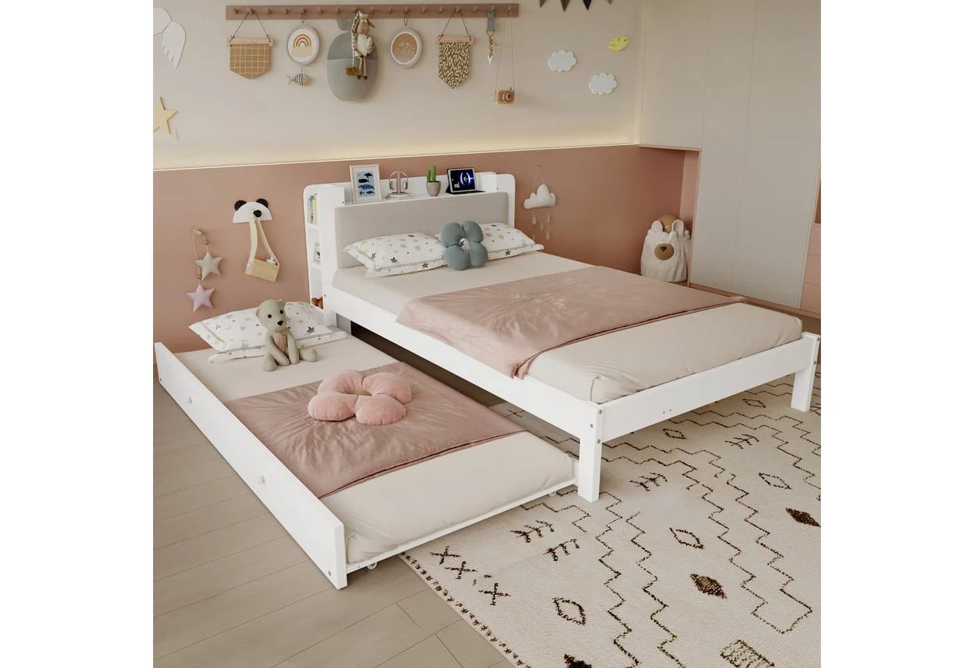 Flieks Massivholzbett mit Ausziehbett und Kopfteilregal Weiß - Bild 3