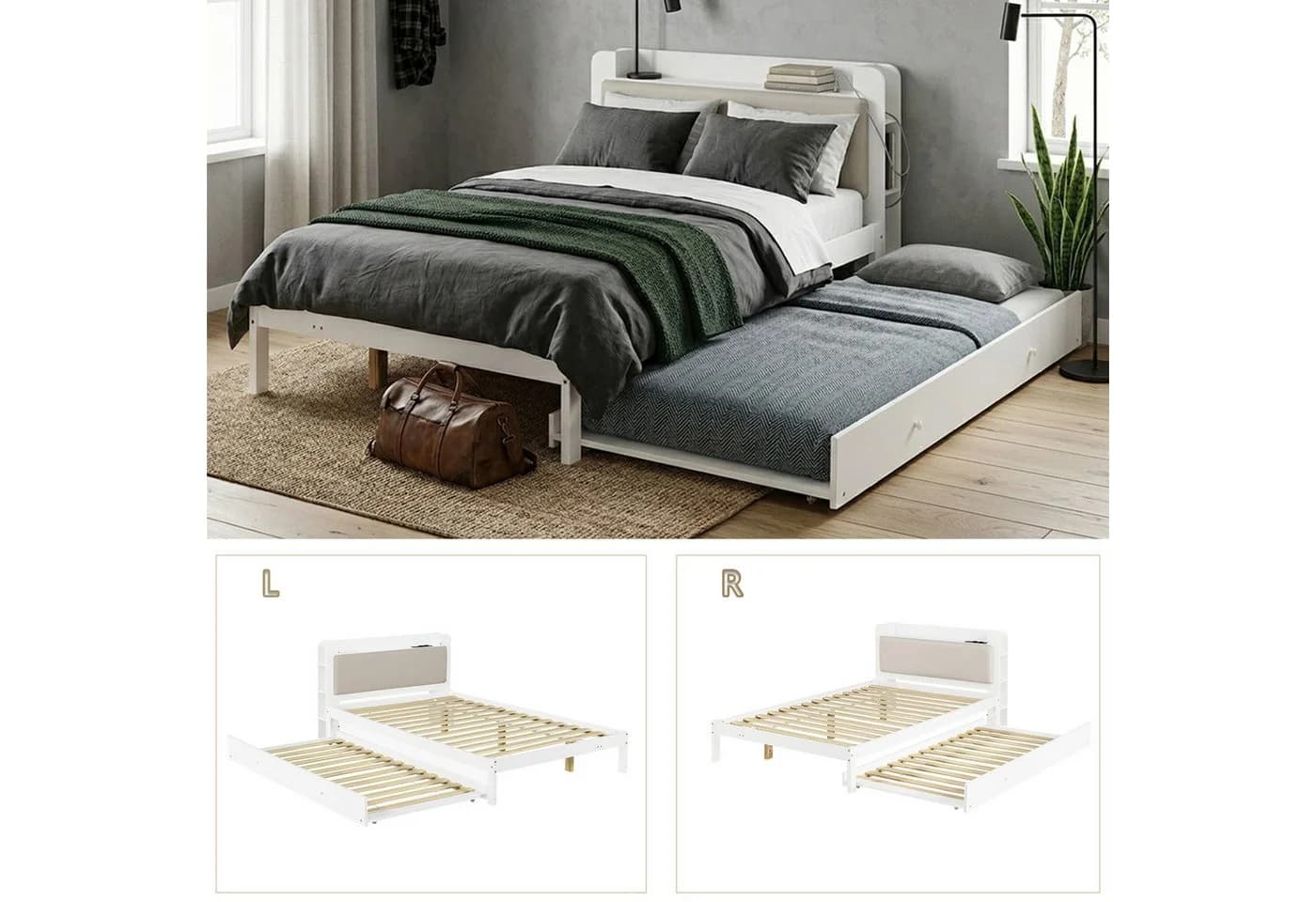 Flieks Massivholzbett mit Ausziehbett und Kopfteilregal Weiß - Bild 5
