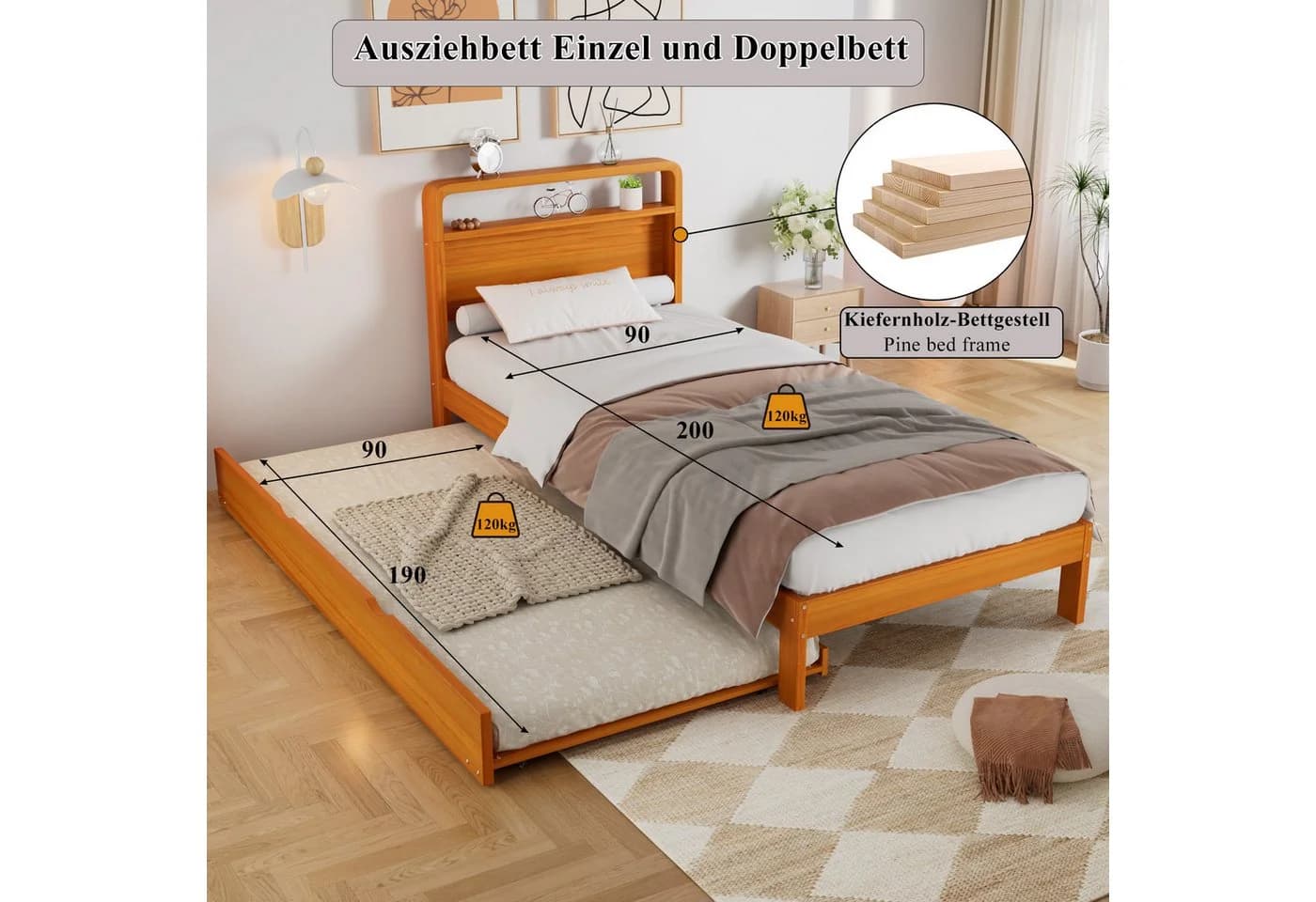Flieks Massivholzbett mit Ausziehbett 90x200cm - Bild 5