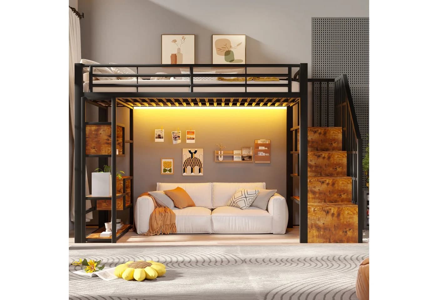Flieks Hochbett Metallbett 90x200cm mit LED-Lichtleiste und Stauraumtreppe