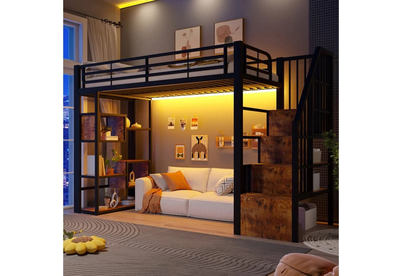 Flieks Hochbett Metallbett 90x200cm mit LED-Lichtleiste und Stauraumtreppe - Bild 2