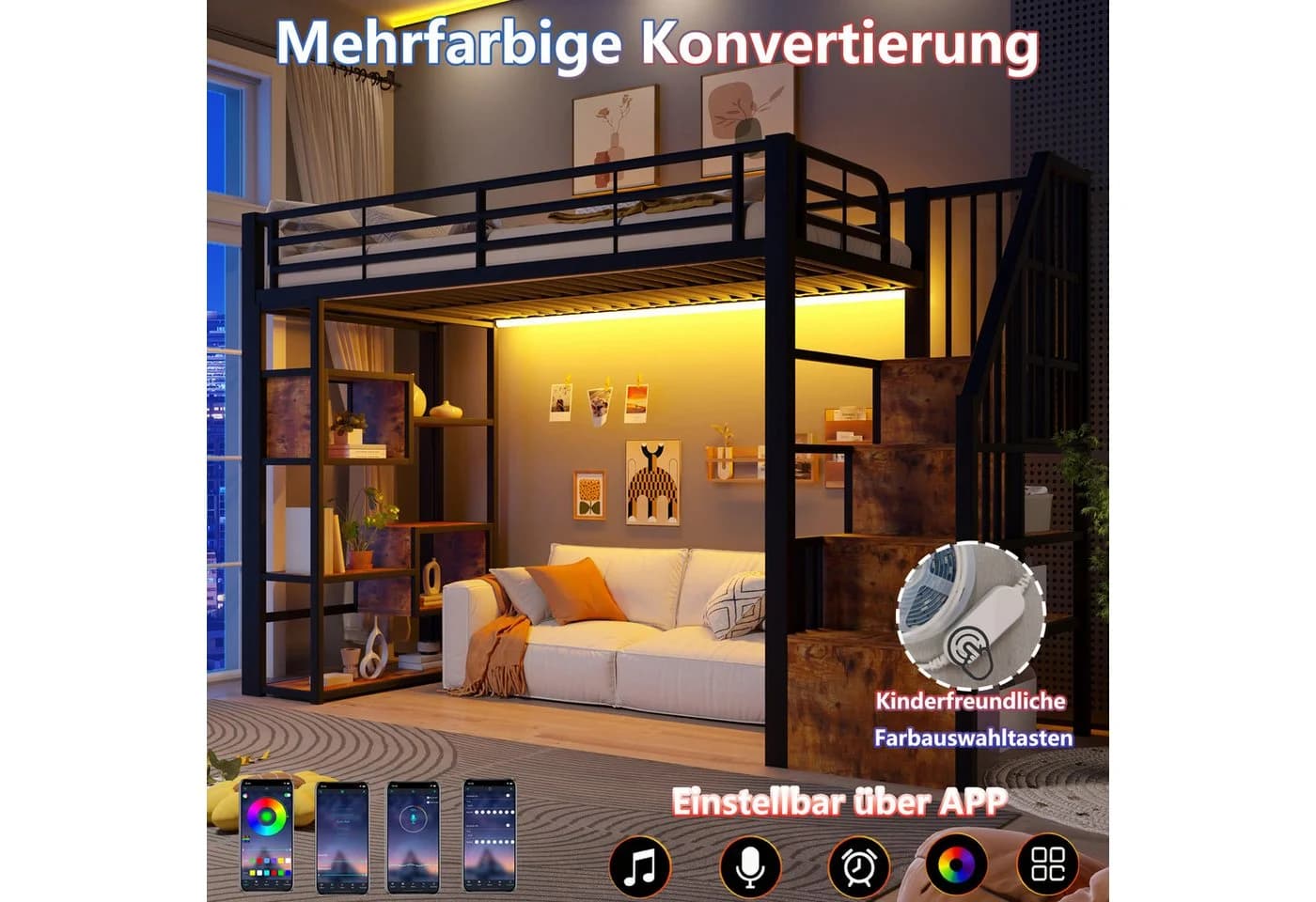 Flieks Hochbett Metallbett 90x200cm mit LED-Lichtleiste und Stauraumtreppe - Bild 5