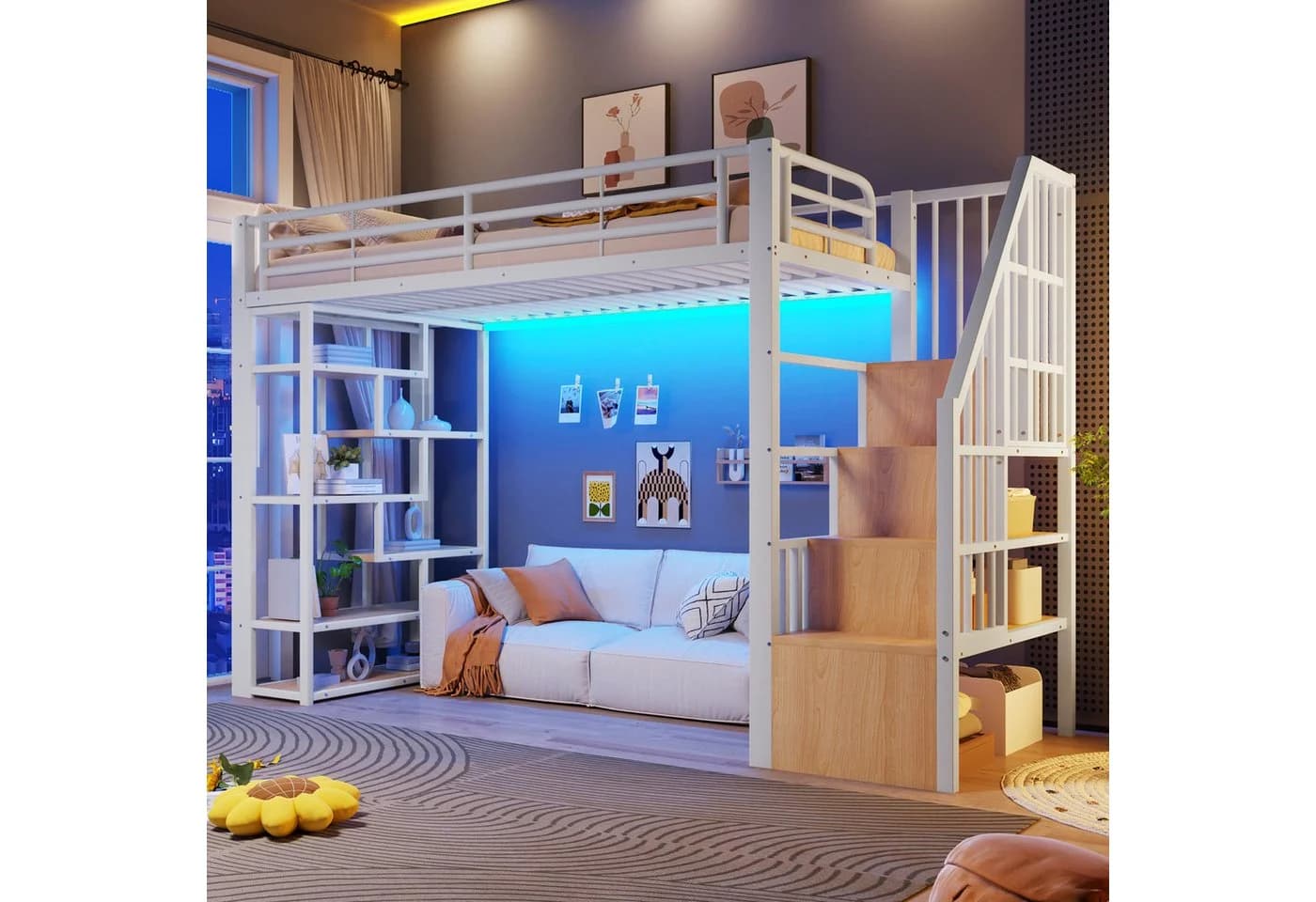 Flieks Hochbett Metall weiß mit LED, Stauraumtreppe & Ablage - Bild 2