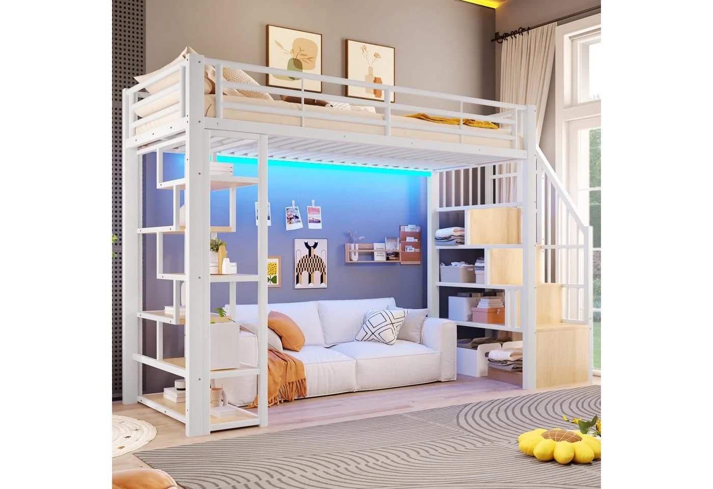 Flieks Hochbett Metall weiß mit LED, Stauraumtreppe & Ablage - Bild 3