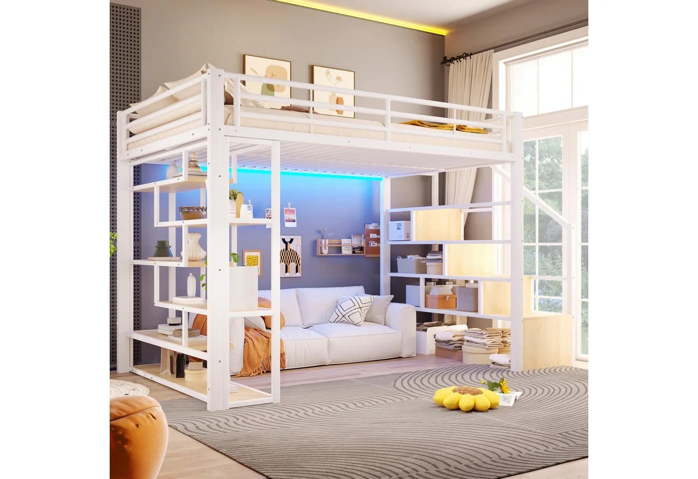 Flieks Hochbett Metallbett 140x200cm mit LED-Lichtleiste und Stauraumtreppe - Bild 3