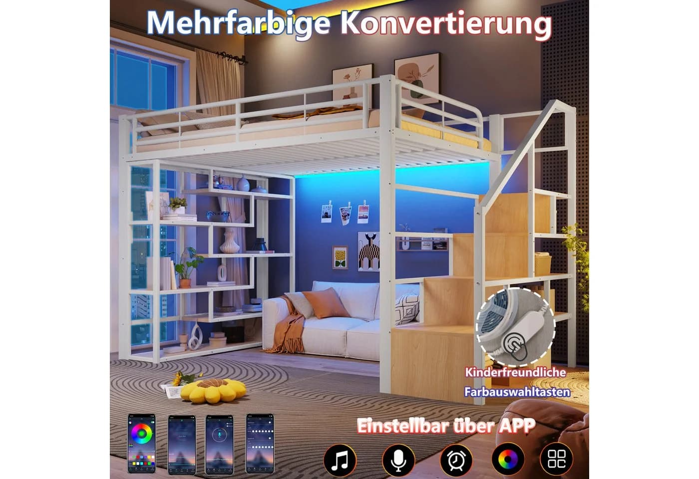 Flieks Hochbett Metallbett 140x200cm mit LED-Lichtleiste und Stauraumtreppe - Bild 5