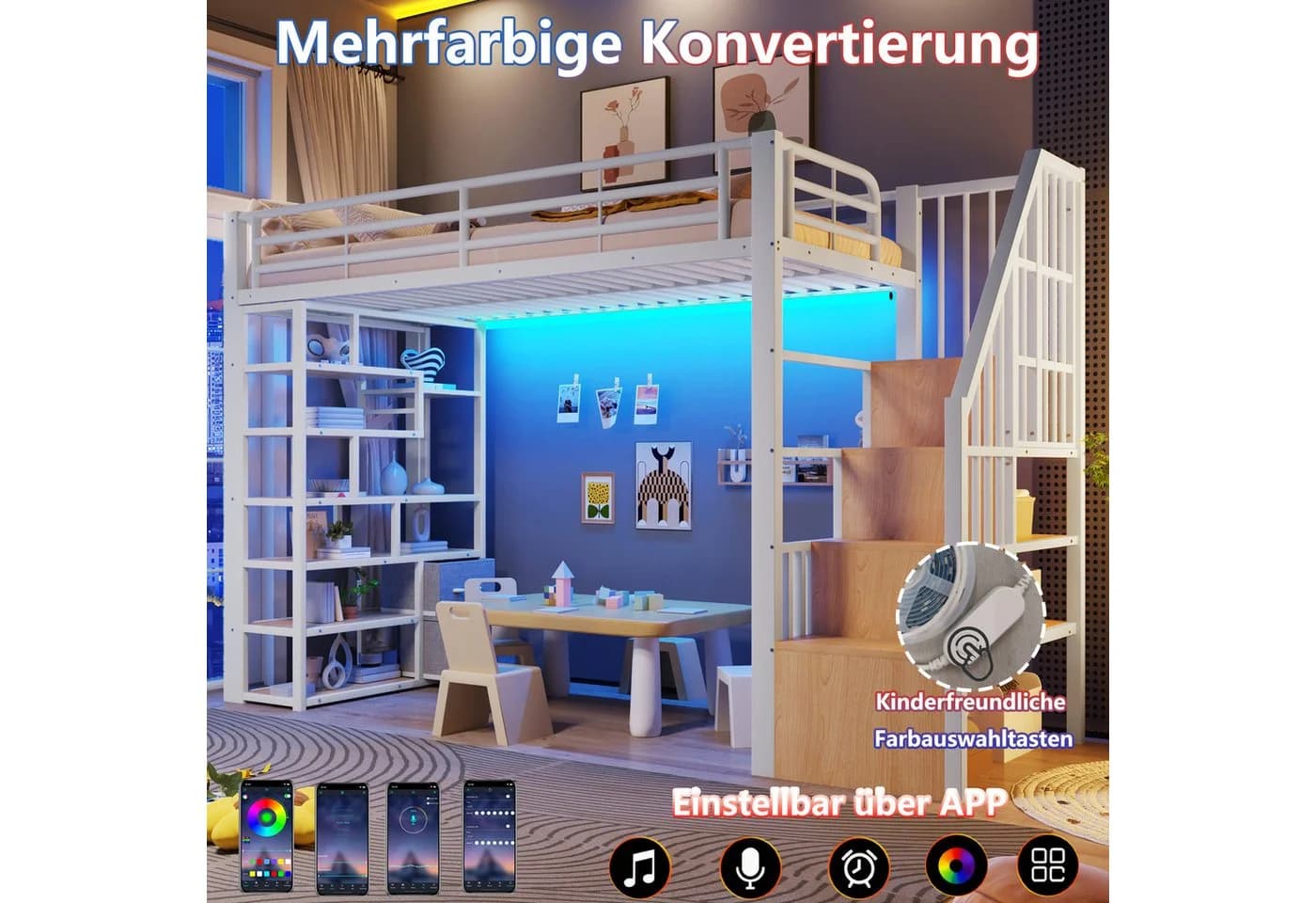 Flieks Hochbett Metall mit LED, Stauraumtreppe und Ablagefach - Bild 5