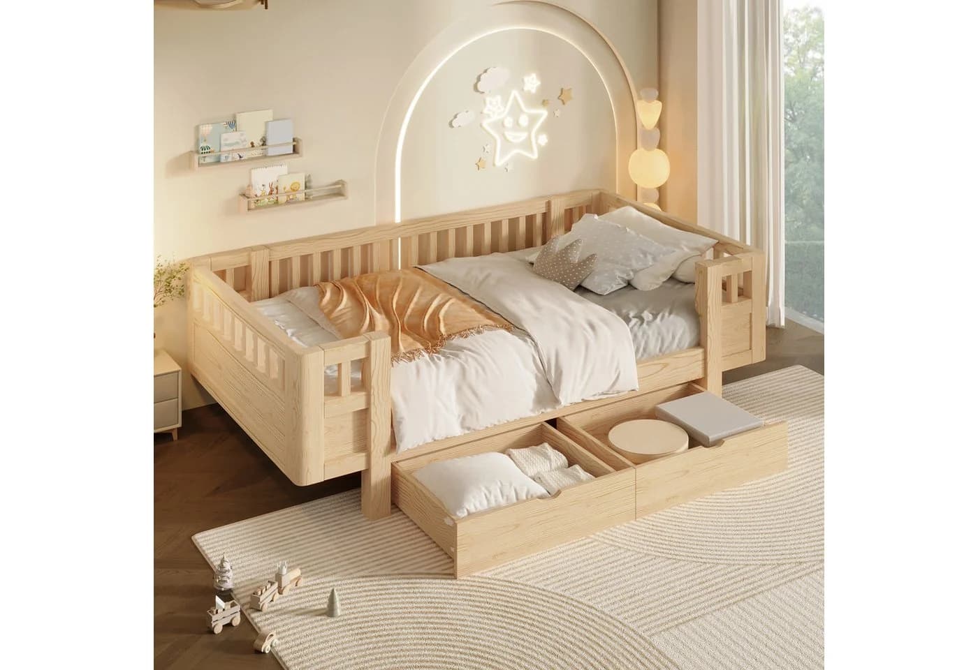 Flieks Massivholzbett Kinderbett 90x200cm mit Schubladen und Schutzgitter Beige