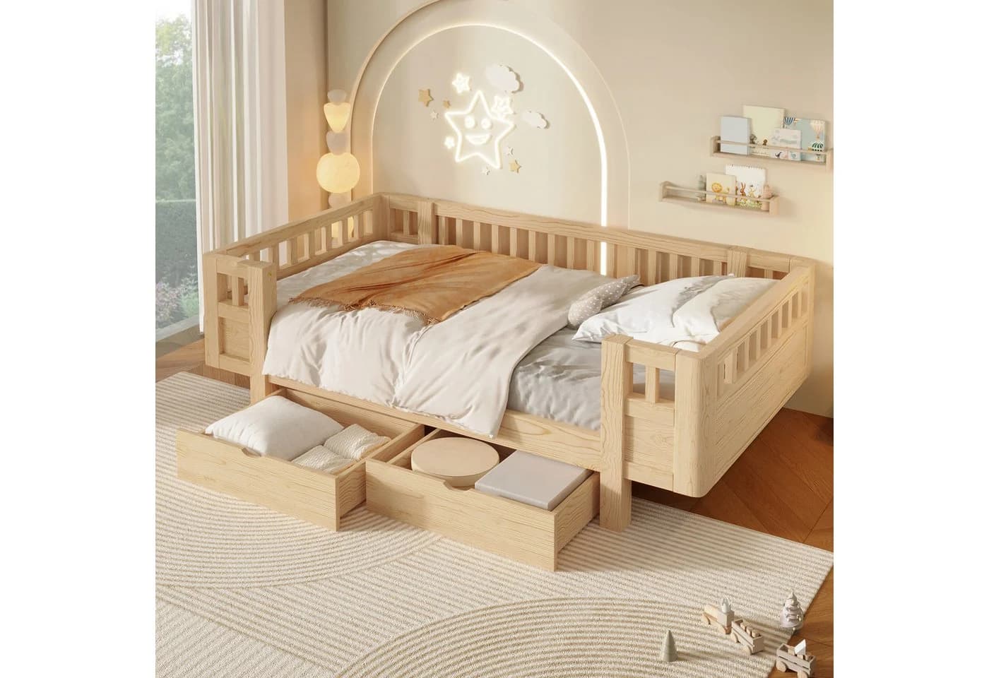 Flieks Massivholzbett Kinderbett 90x200cm mit Schubladen und Schutzgitter Beige - Bild 2