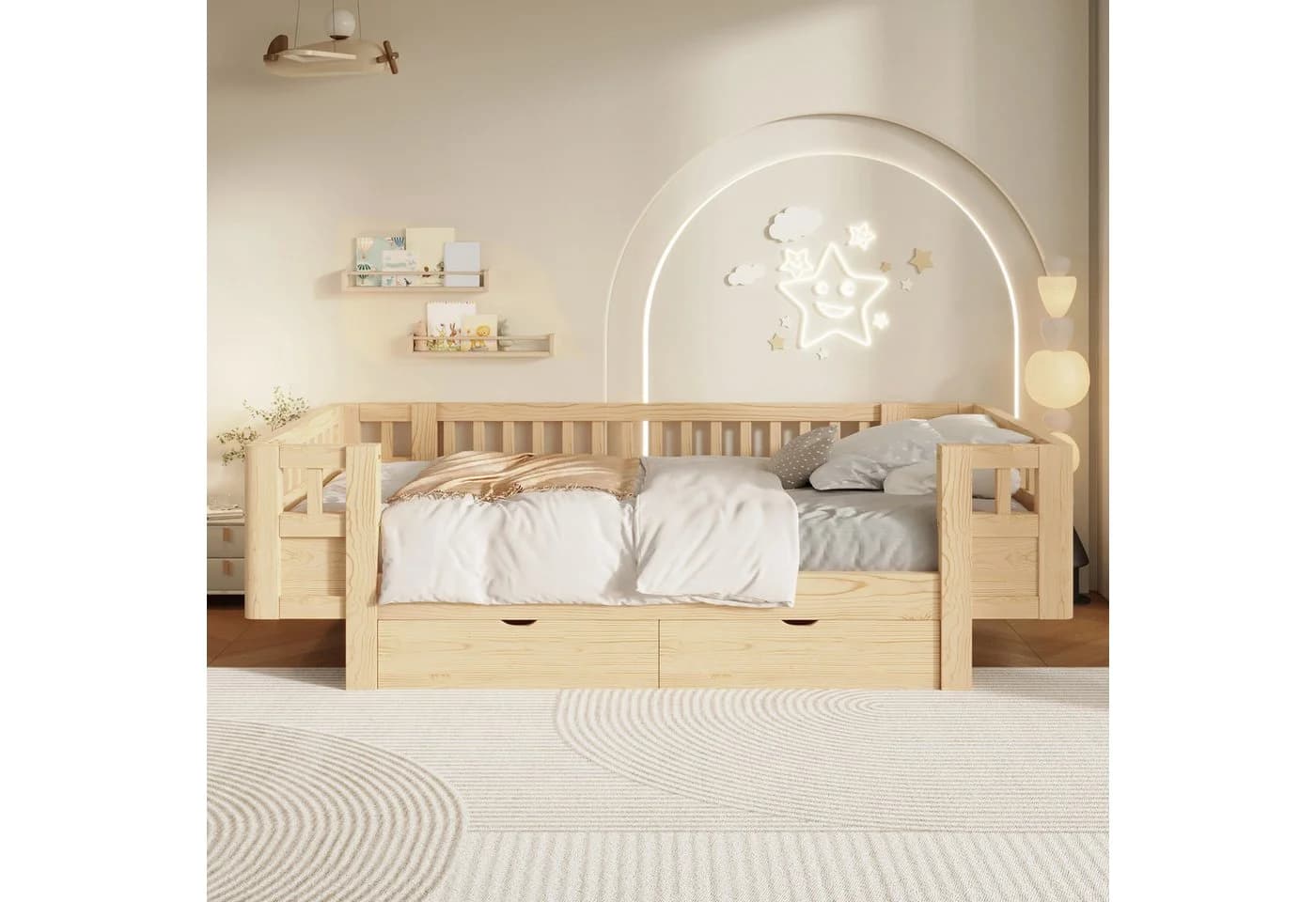 Flieks Massivholzbett Kinderbett 90x200cm mit Schubladen und Schutzgitter Beige - Bild 3