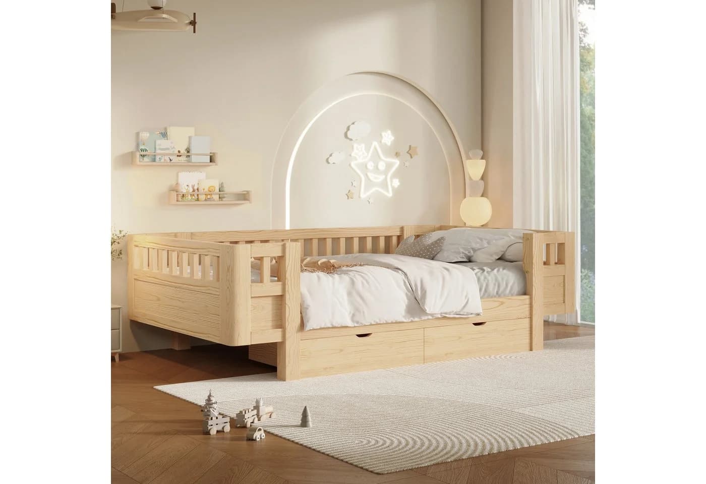 Flieks Massivholzbett Kinderbett 90x200cm mit Schubladen und Schutzgitter Beige - Bild 4