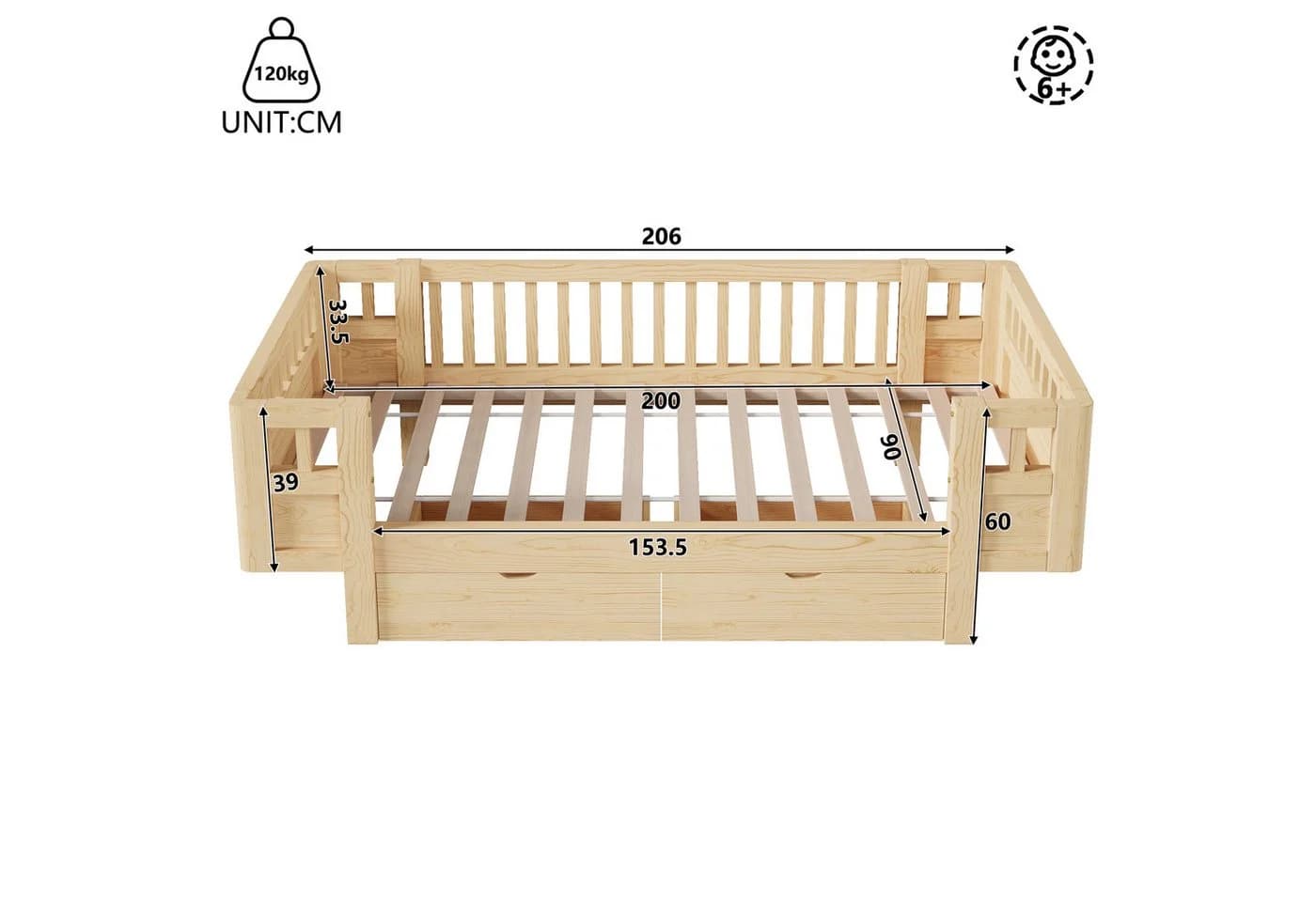 Flieks Massivholzbett Kinderbett 90x200cm mit Schubladen und Schutzgitter Beige - Bild 5
