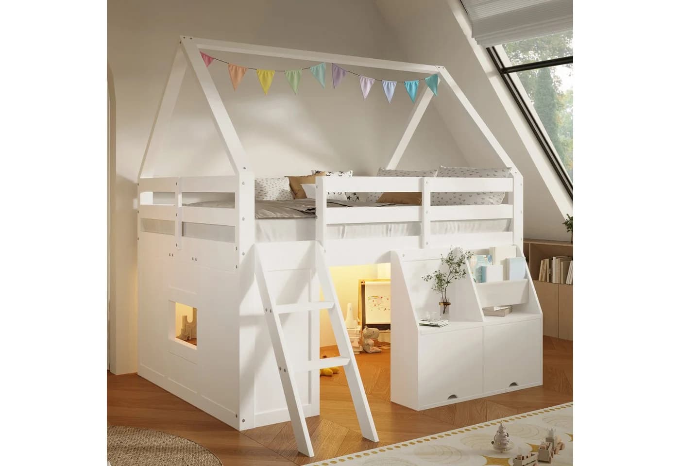 Flieks Hochbett Kinderbett 140x200cm mit LED-Leiste und Stauraum