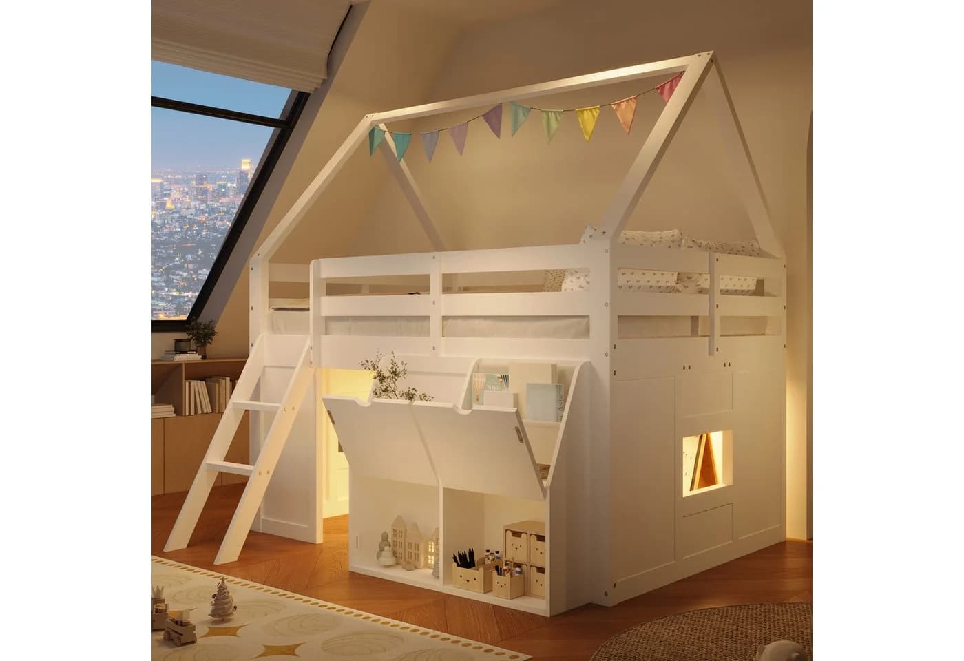Flieks Hochbett Kinderbett 140x200cm mit LED-Leiste und Stauraum - Bild 2