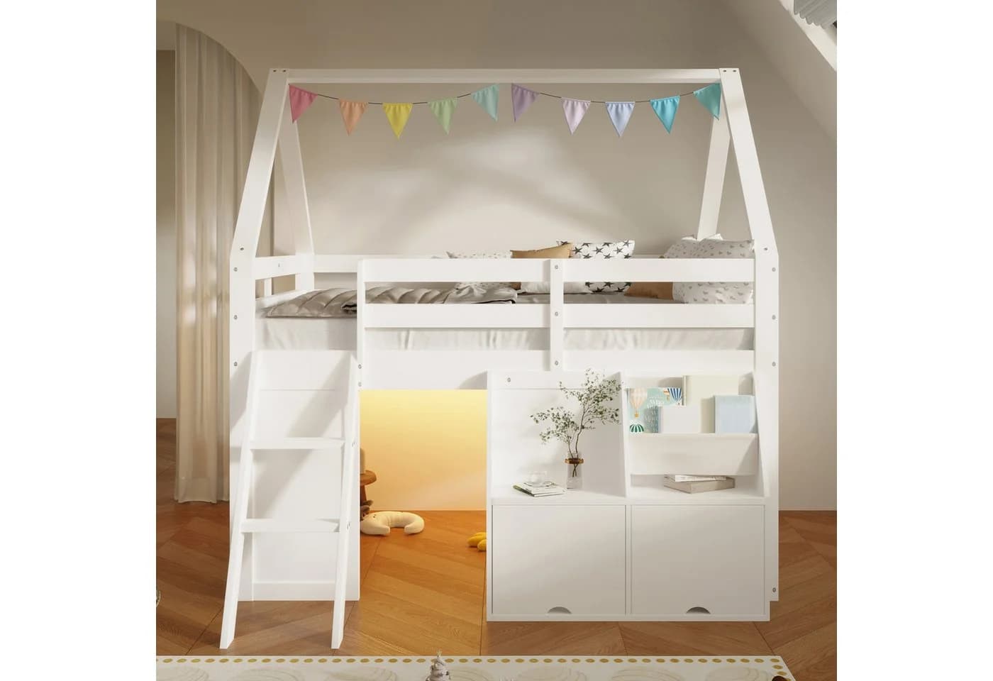 Flieks Hochbett Kinderbett 140x200cm mit LED-Leiste und Stauraum - Bild 3