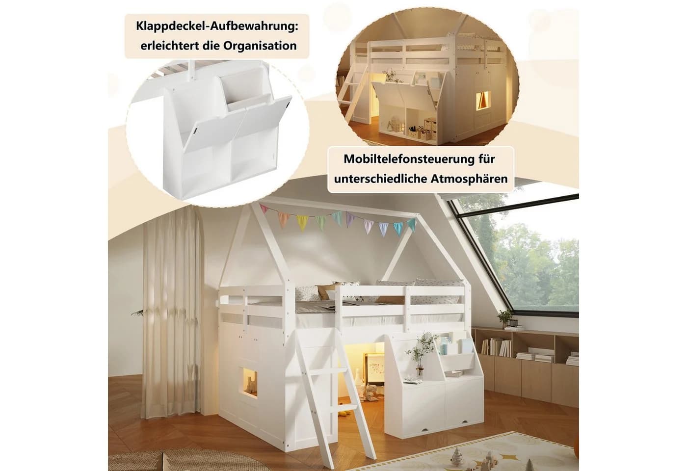 Flieks Hochbett Kinderbett 140x200cm mit LED-Leiste und Stauraum - Bild 4