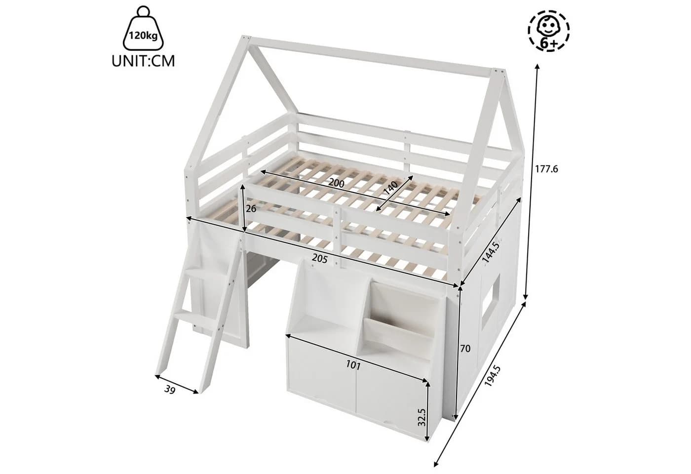 Flieks Hochbett Kinderbett 140x200cm mit LED-Leiste und Stauraum - Bild 5