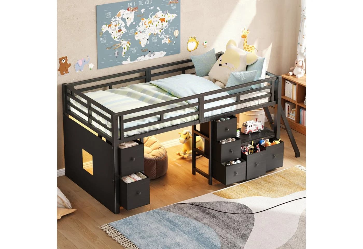 Flieks Hochbett Metallbett mit 7 Schubladen und LED-Beleuchtung