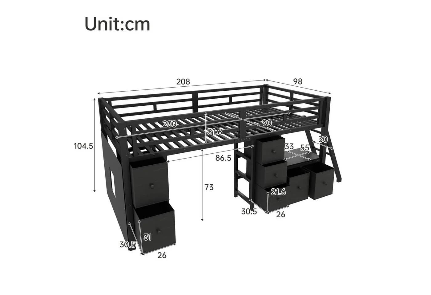 Flieks Hochbett Metallbett mit 7 Schubladen und LED-Beleuchtung - Bild 4