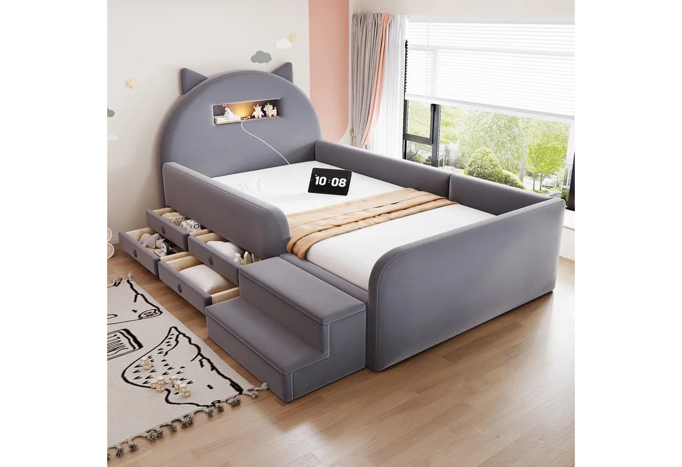 Flieks Polsterbett 90x200 Ohrenform Samt Grau mit Schubladen & USB - Bild 2