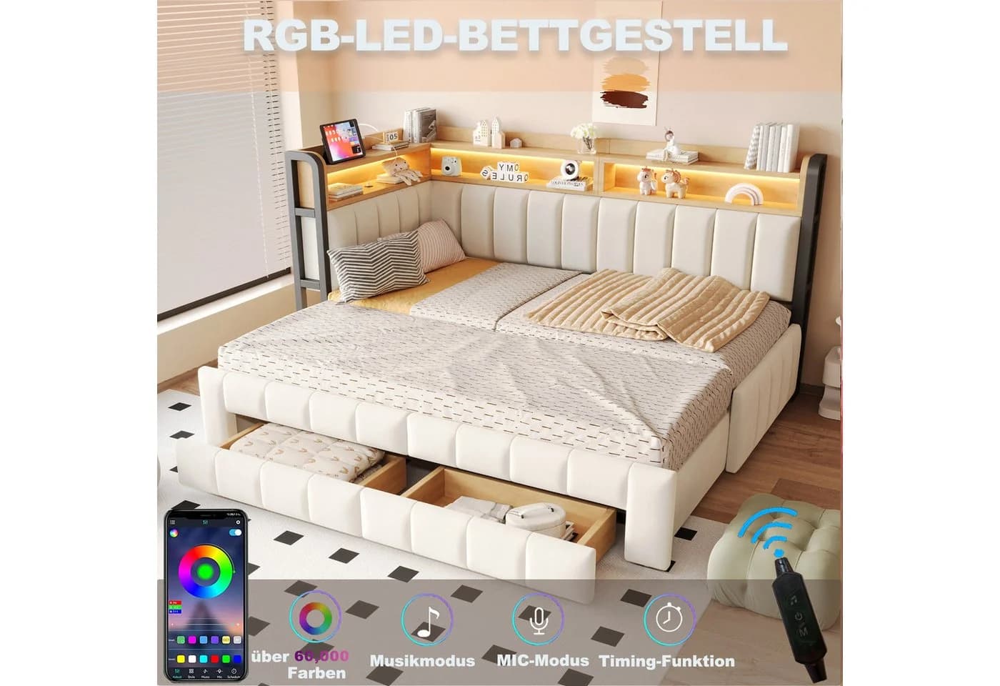 Flieks Daybett mit LED, Samt-Bezug und Schubladen - Bild 5