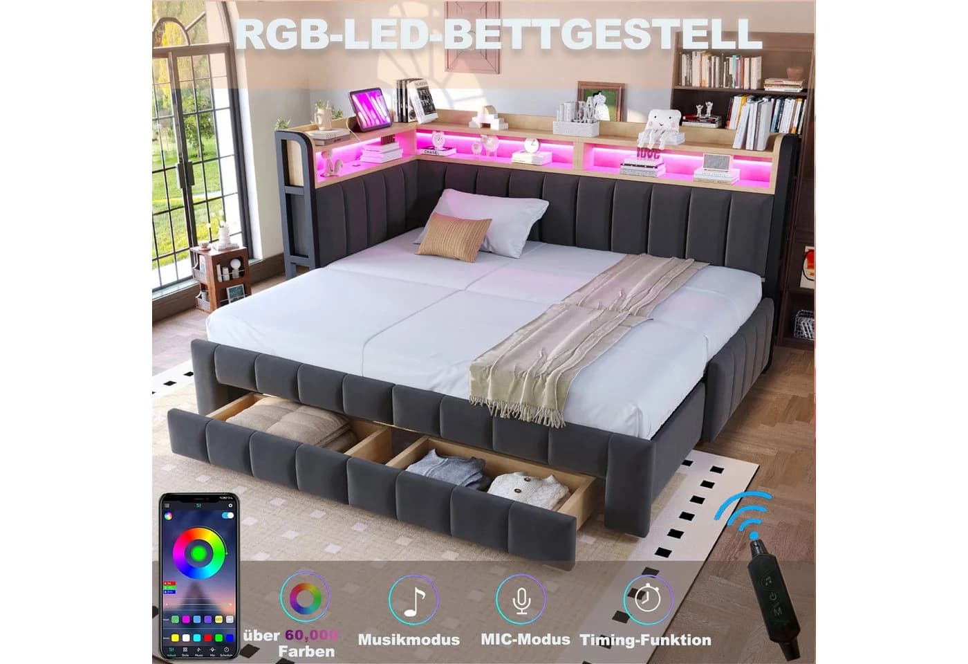 Flieks Daybett LED Polsterbett Schlafsofa grau Samt - Bild 5
