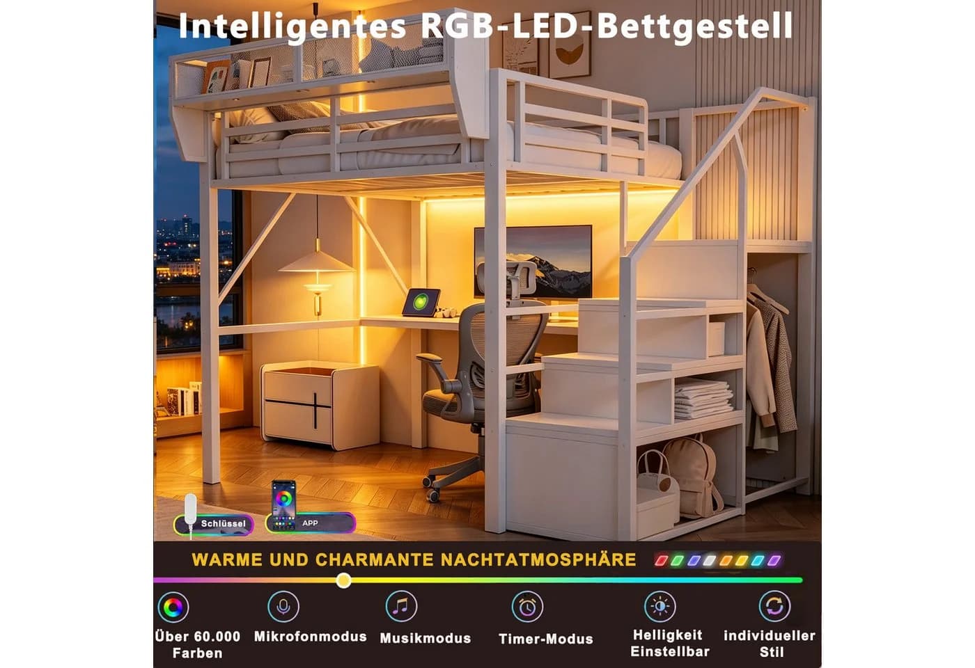Flieks Hochbett Metall 140x200 mit LED & Schreibtisch - Bild 4