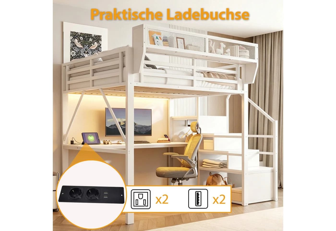 Flieks Hochbett Metall 140x200 mit LED & Schreibtisch - Bild 5