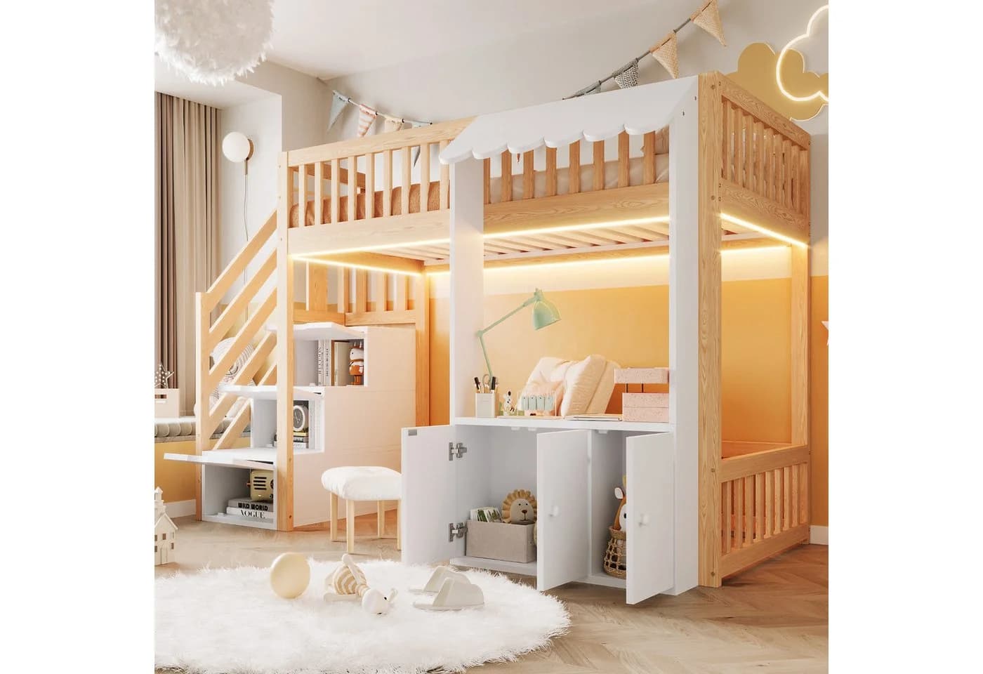 Flieks Hochbett Kinderbett Laden-Design 90x200cm mit Schrank und Stauraumtreppe - Bild 2