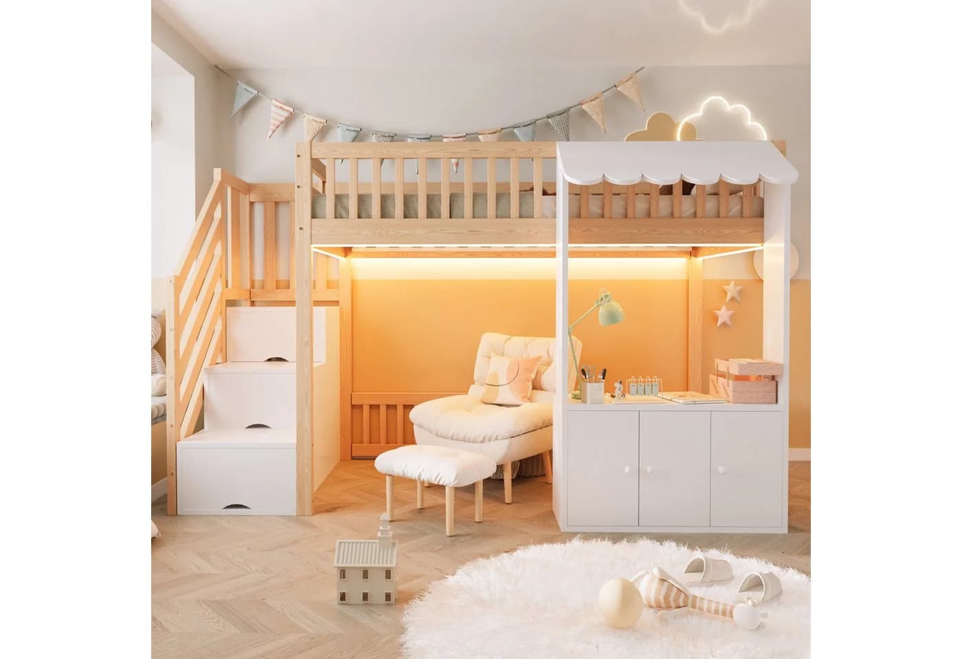 Flieks Hochbett Kinderbett Laden-Design 90x200cm mit Schrank und Stauraumtreppe - Bild 3