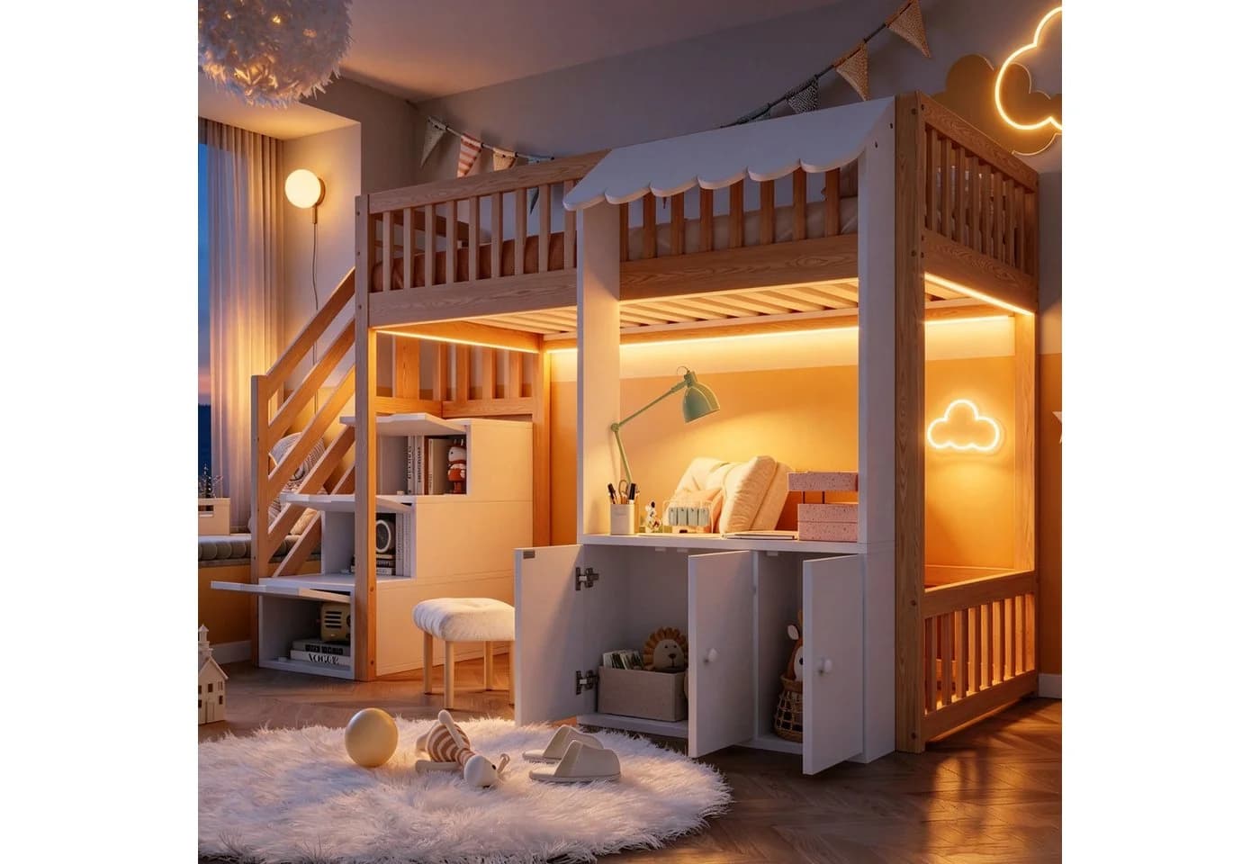 Flieks Hochbett Kinderbett Laden-Design 90x200cm mit Schrank und Stauraumtreppe - Bild 4