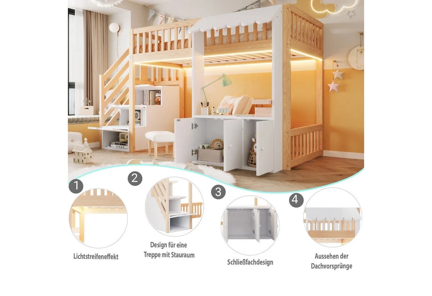 Flieks Hochbett Kinderbett Laden-Design 90x200cm mit Schrank und Stauraumtreppe - Bild 5