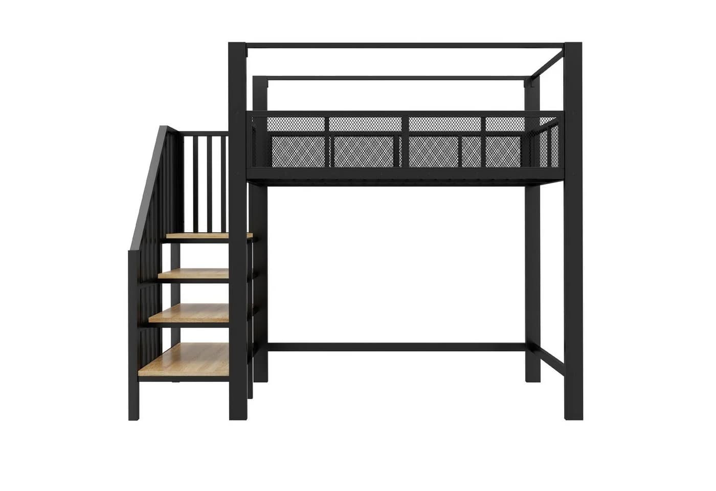Flieks Hochbett Metallbett Kinderbett 90x200cm mit Stauraumtreppe Schwarz - Bild 5