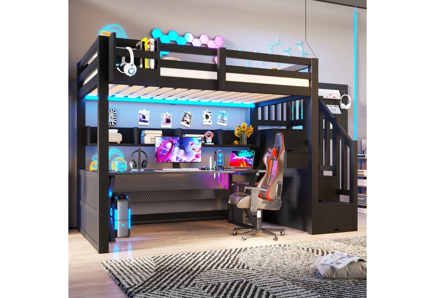 Flieks Hochbett mit Stauraumtreppe und LED-Beleuchtung Schwarz