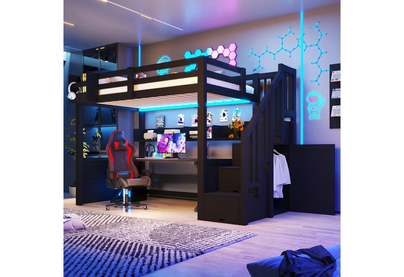 Flieks Hochbett mit Stauraumtreppe und LED-Beleuchtung Schwarz - Bild 2