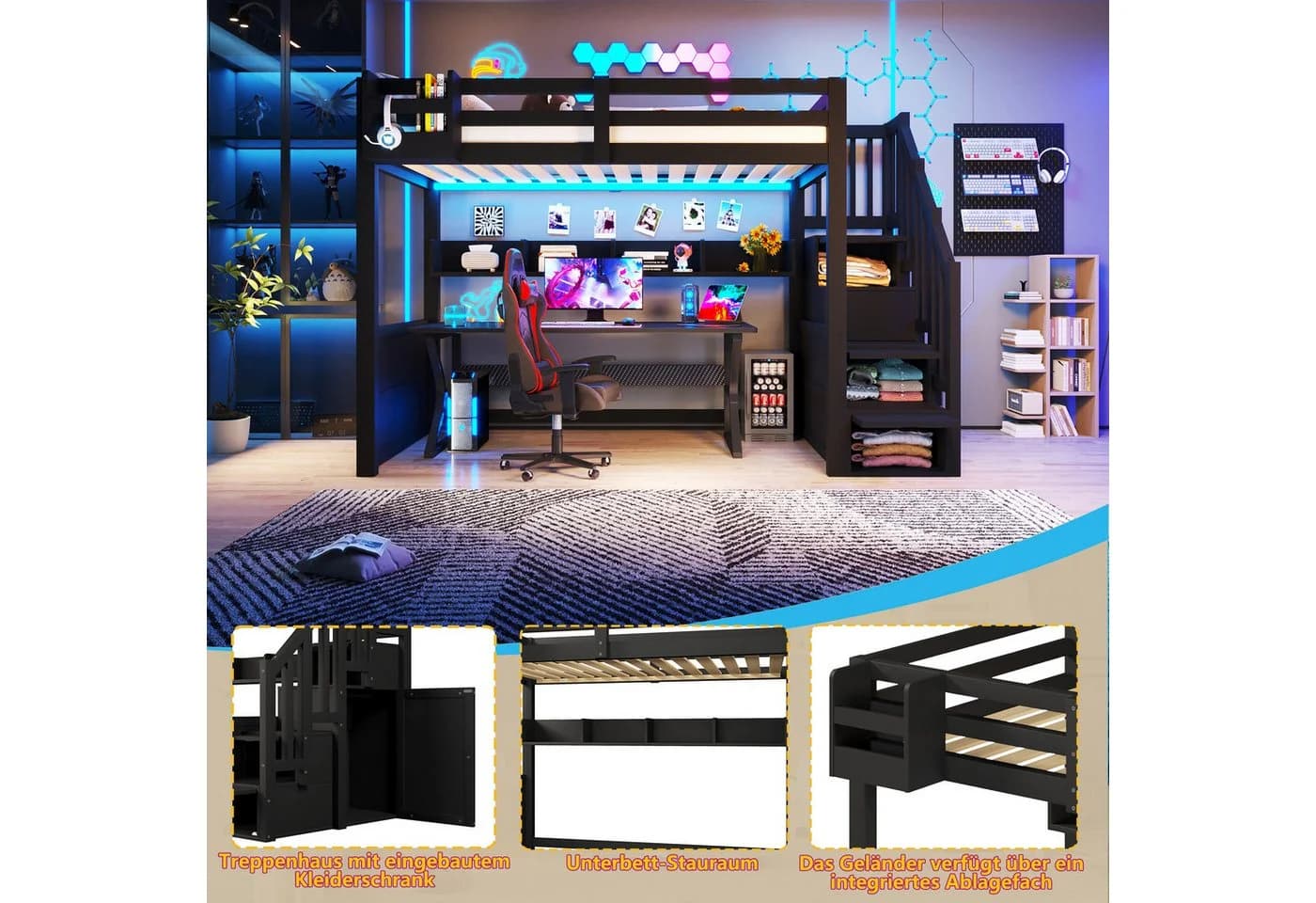 Flieks Hochbett mit Stauraumtreppe und LED-Beleuchtung Schwarz - Bild 4
