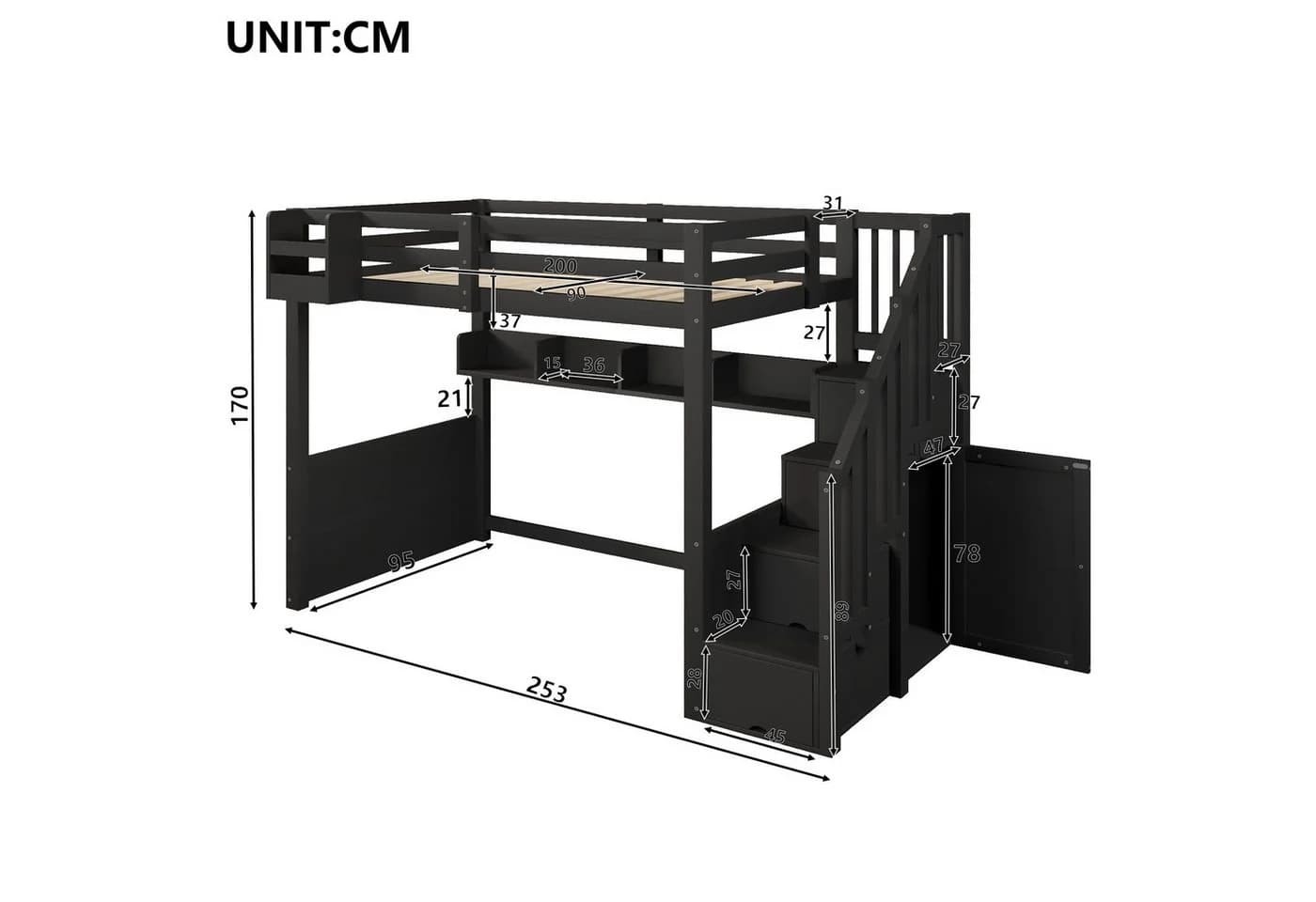 Flieks Hochbett mit Stauraumtreppe und LED-Beleuchtung Schwarz - Bild 5