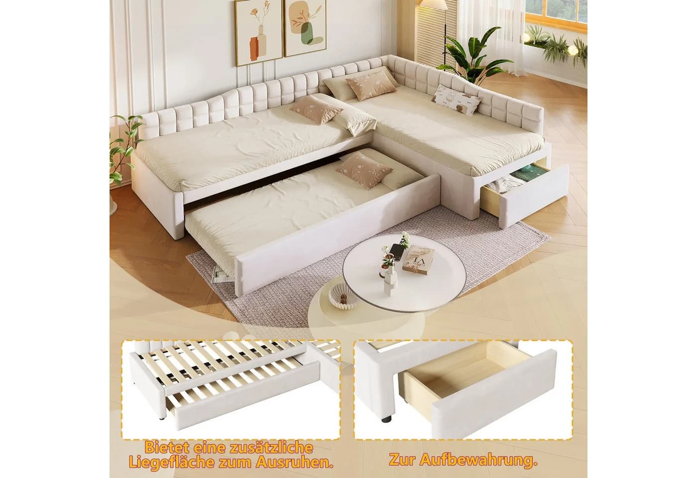 Flieks Polsterbett L-förmig Beige Samt mit Ausziehbett & Schublade - Bild 4