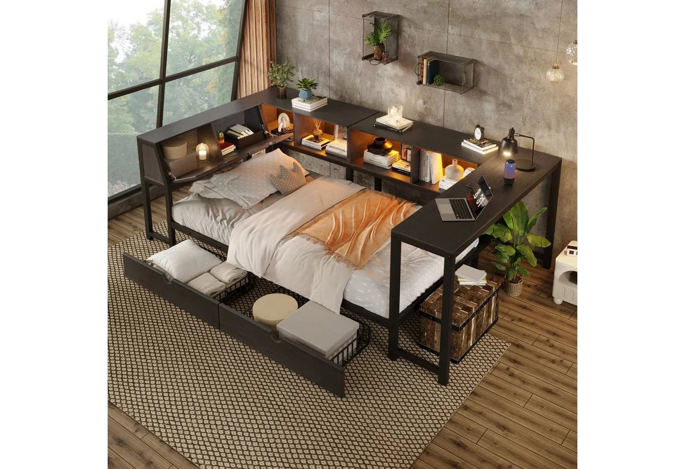 Flieks Daybett mit LED-Beleuchtung, Schreibtisch & Schubladen Schwarz - Bild 2