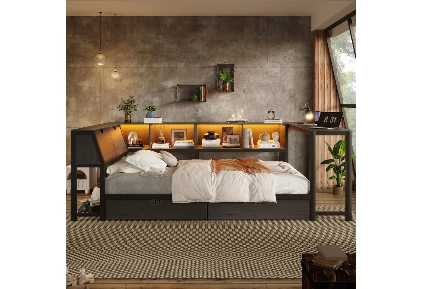 Flieks Daybett mit LED-Beleuchtung, Schreibtisch & Schubladen Schwarz - Bild 3