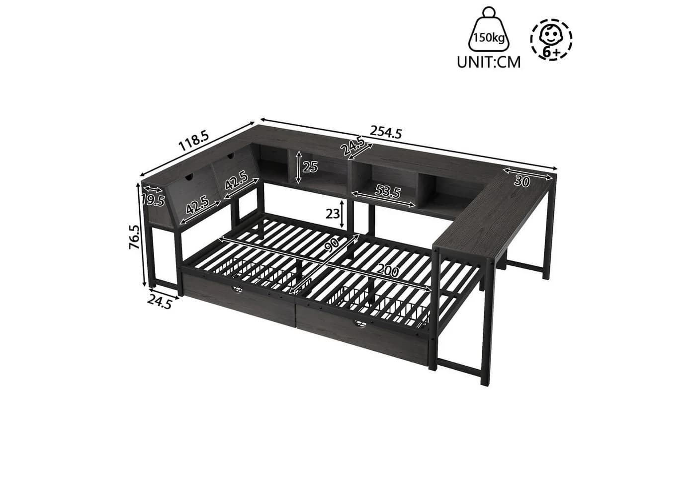 Flieks Daybett mit LED-Beleuchtung, Schreibtisch & Schubladen Schwarz - Bild 5