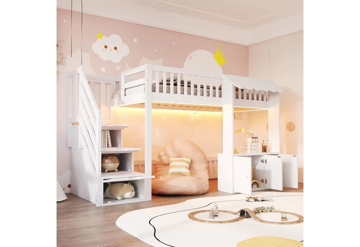 Flieks Hochbett mit Schrank und Stauraumtreppe