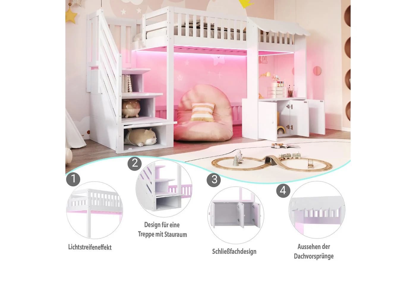 Flieks Hochbett mit Schrank und Stauraumtreppe - Bild 5