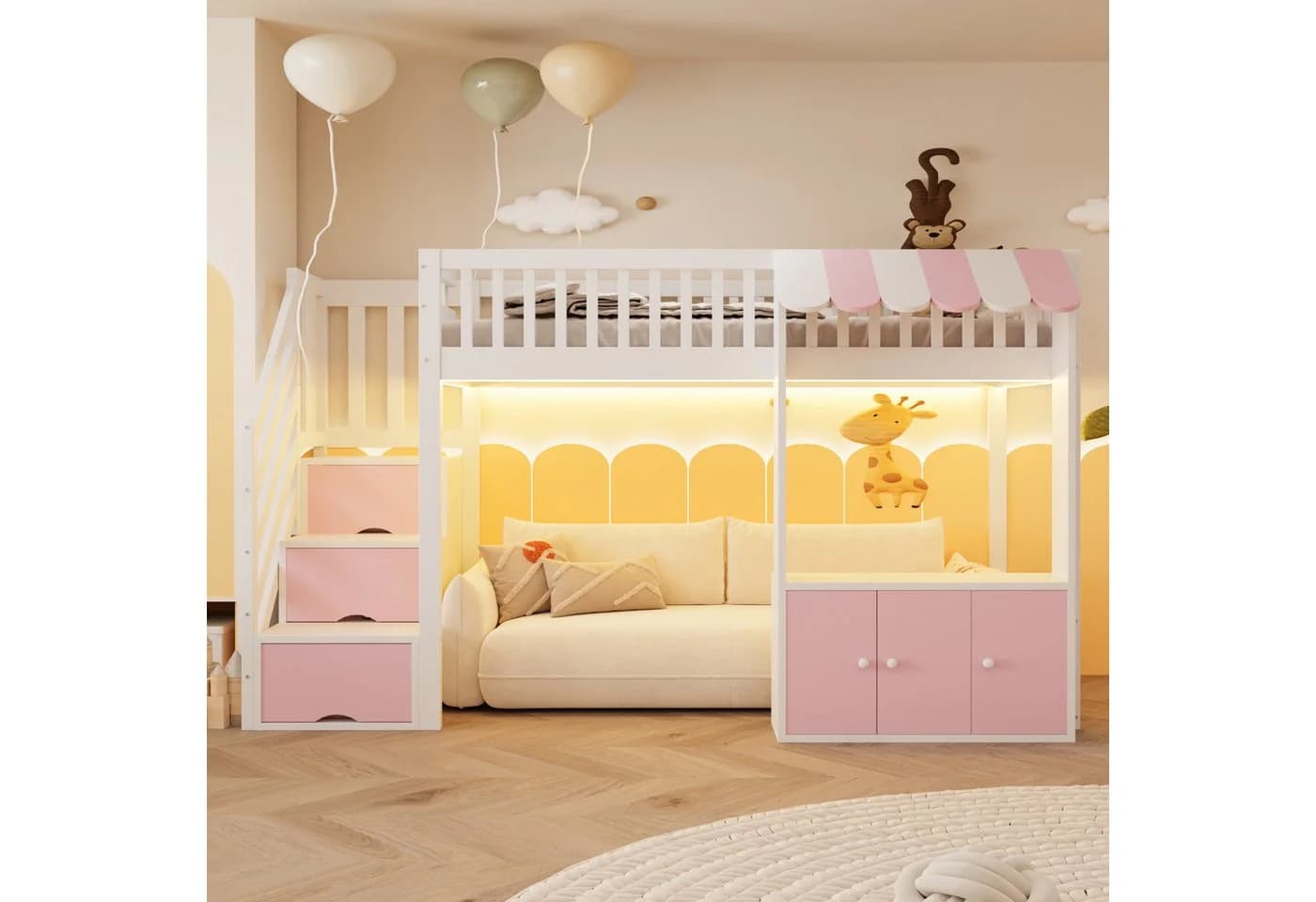 Flieks Hochbett Kinderbett 90x200cm mit Schrank und Stauraumtreppe Weiß/Rosa - Bild 3