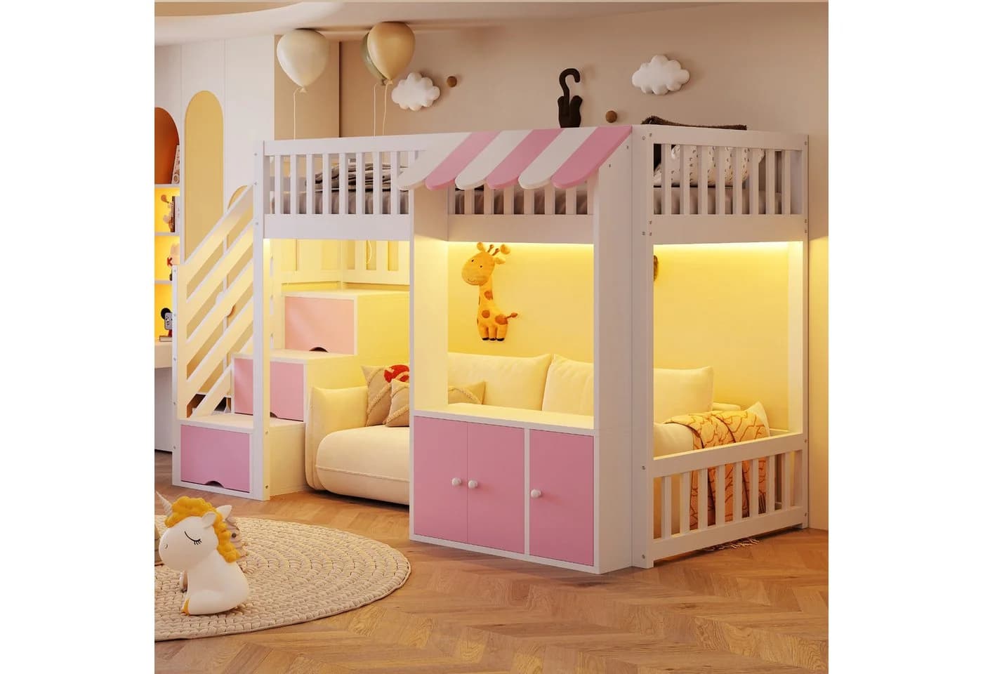 Flieks Hochbett Kinderbett 90x200cm mit Schrank und Stauraumtreppe Weiß/Rosa - Bild 4
