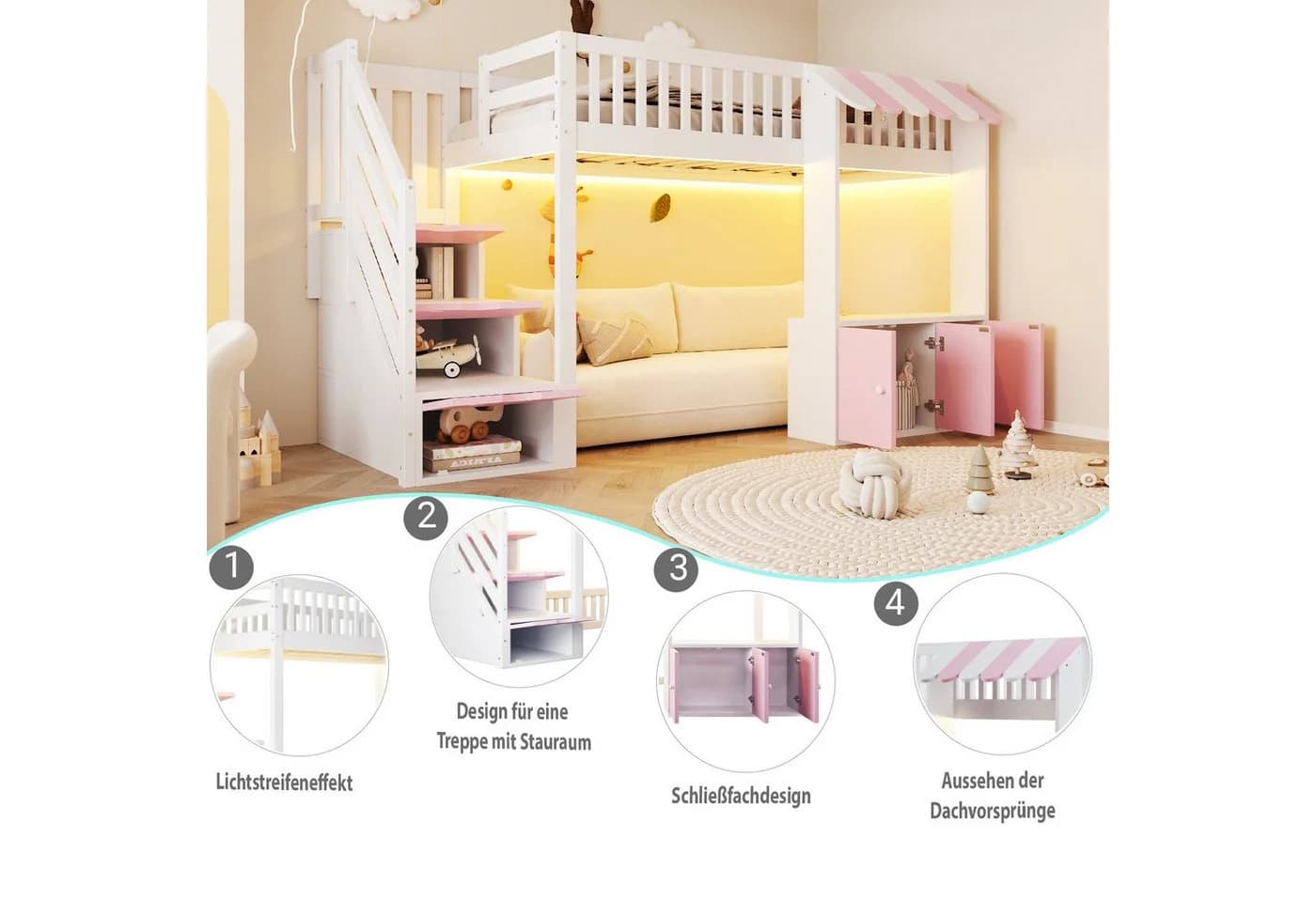 Flieks Hochbett Kinderbett 90x200cm mit Schrank und Stauraumtreppe Weiß/Rosa - Bild 5