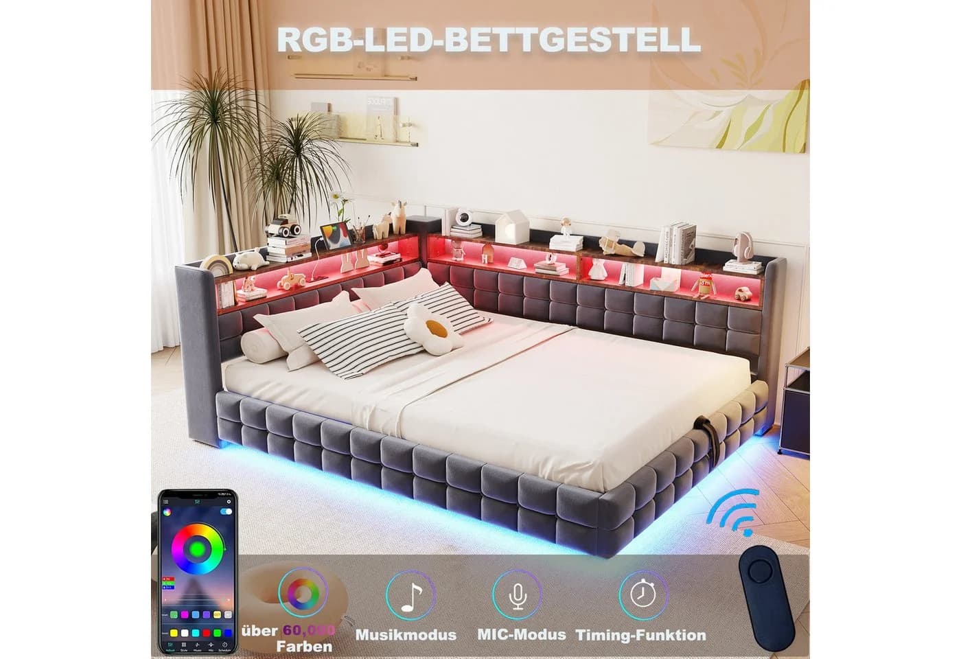 Flieks Polsterbett 140x200cm mit Stauraum, LED & USB dunkelgrau - Bild 5